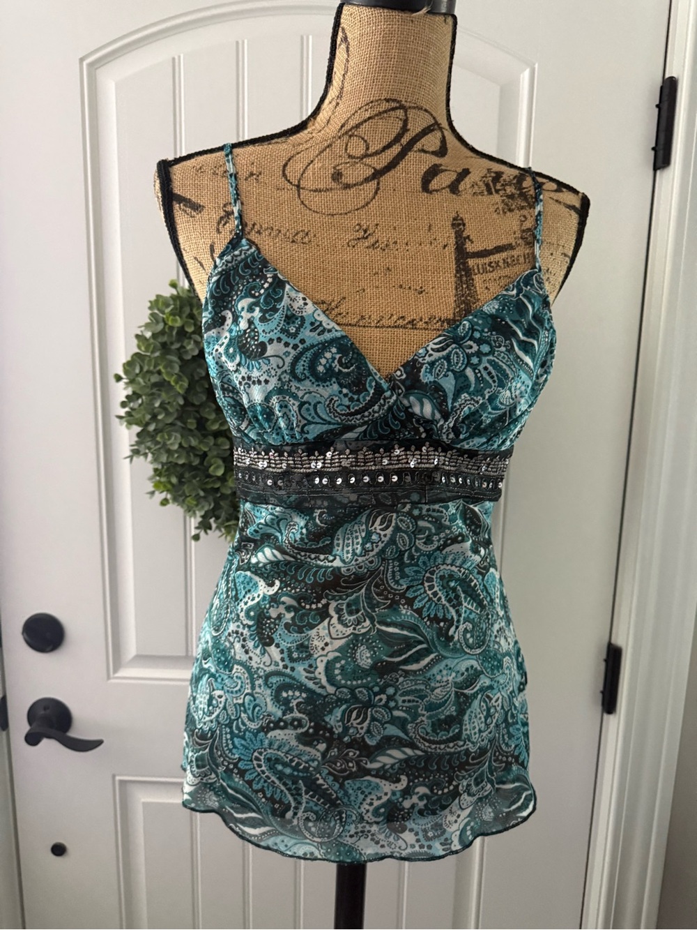 PerSeption Concept Teal Paisley Lace-Trim Chemise with Sequin Band